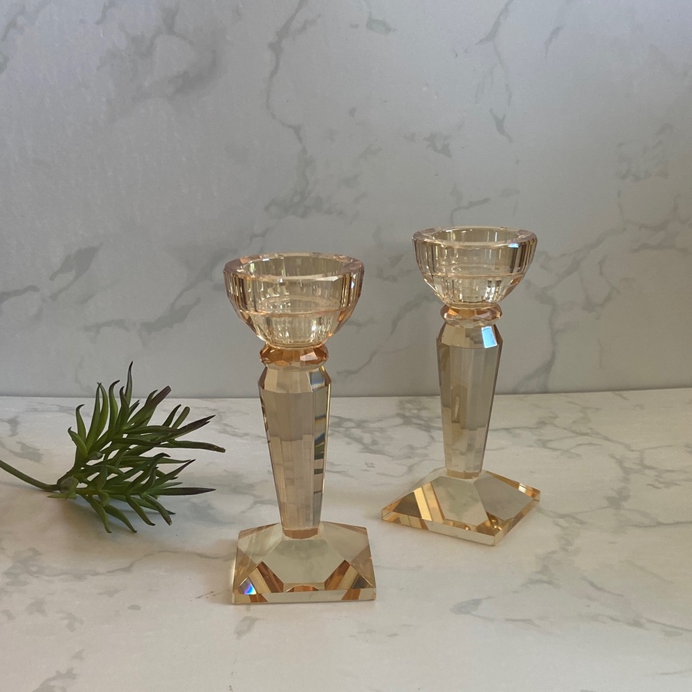 Vintage Amber Cut Glass Candlestick Holders Set Faceted Crystal Style Pair 6”